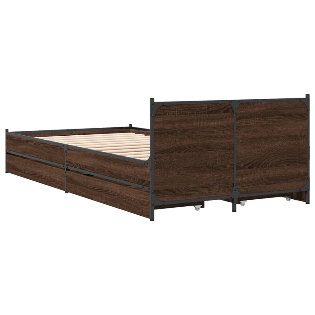 Bed Frame with Drawers Brown Oak 75x190 cm Small Single Engineered Wood - Beds & Bed Frames
