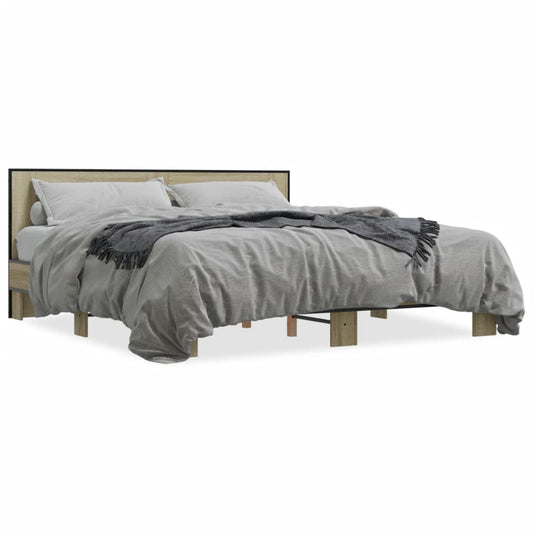 Bed Frame Sonoma Oak 200x200 cm Engineered Wood and Metal - Beds & Bed Frames