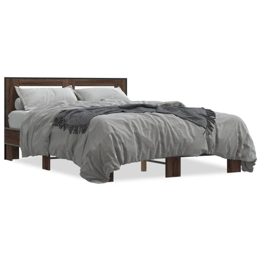 Bed Frame Brown Oak 140x200 cm Engineered Wood and Metal - Beds & Bed Frames