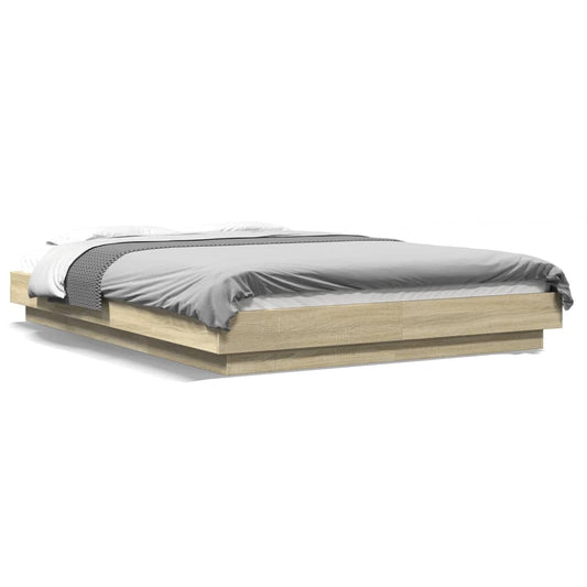 Bed Frame with LED Lights Sonoma Oak 135x190cm Engineered Wood - Beds & Bed Frames