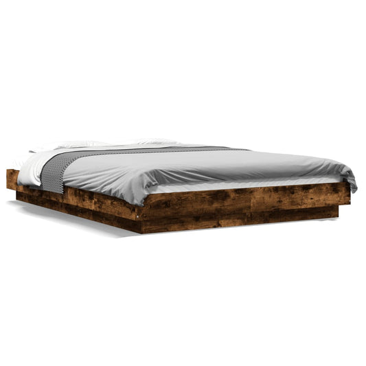 Bed Frame with LED Lights Smoked Oak 135x190cm Engineered Wood - Beds & Bed Frames