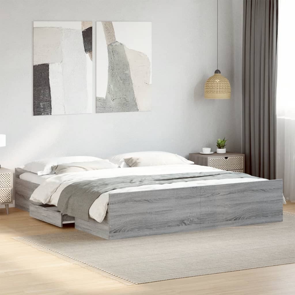 Bed Frame with Drawers Grey Sonoma 200x200 cm Engineered Wood - Beds & Bed Frames