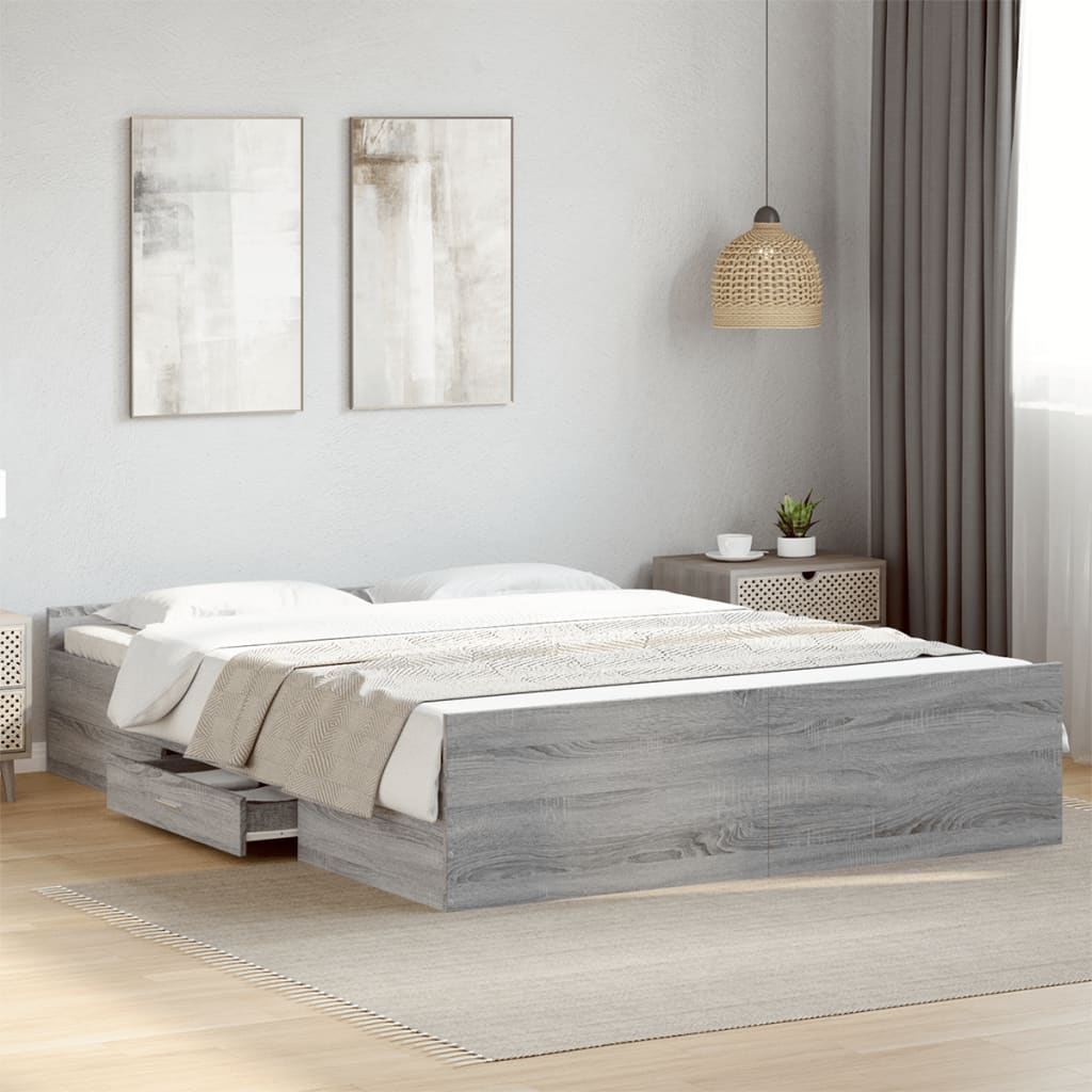 Bed Frame with Drawers Grey Sonoma 160x200 cm Engineered Wood - Beds & Bed Frames