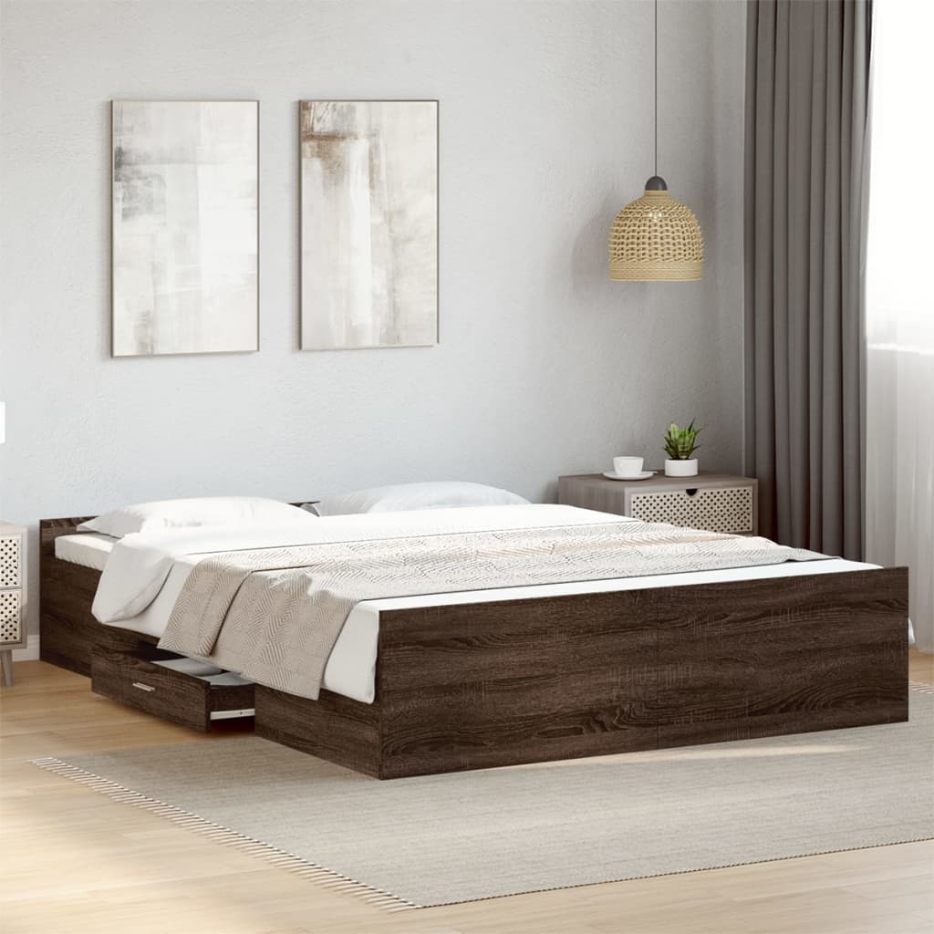 Bed Frame with Drawers Brown Oak 160x200 cm Engineered Wood - Beds & Bed Frames