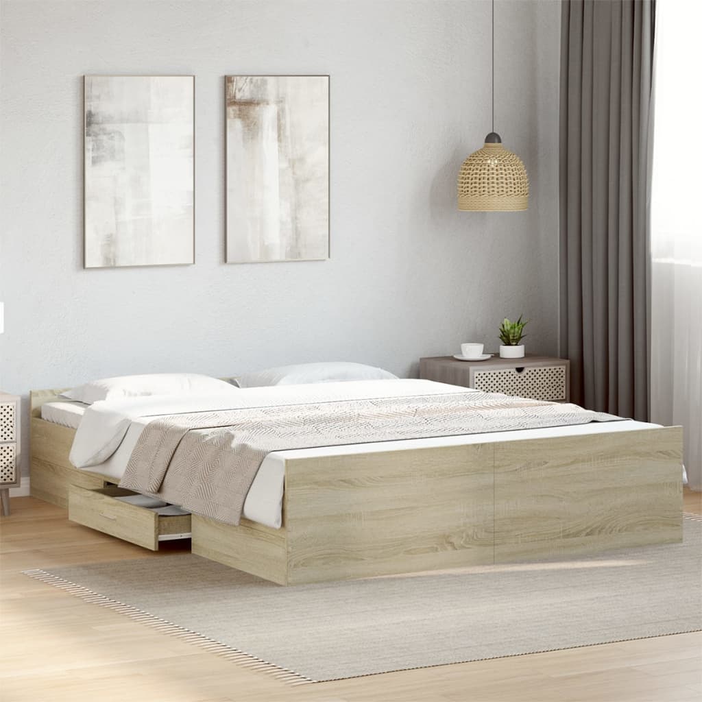 Bed Frame with Drawers Sonoma Oak 140x200 cm Engineered Wood - Beds & Bed Frames
