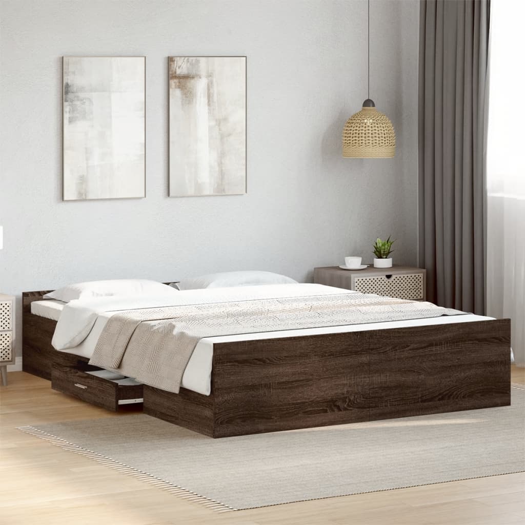 Bed Frame with Drawers Brown Oak 140x200 cm Engineered Wood - Beds & Bed Frames