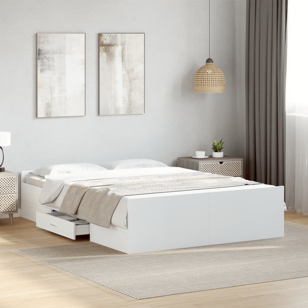 Bed Frame with Drawers White 135x190 cm Double Engineered Wood - Beds & Bed Frames