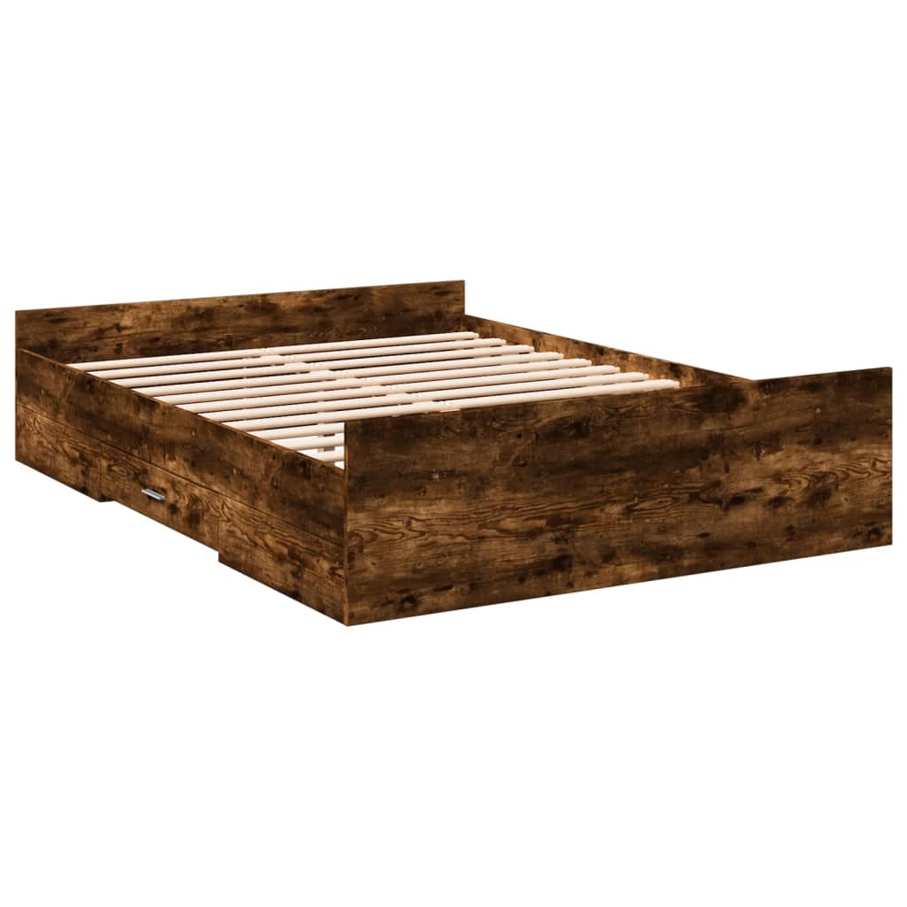 Bed Frame with Drawers Smoked Oak 135x190 cm Double Engineered Wood - Beds & Bed Frames