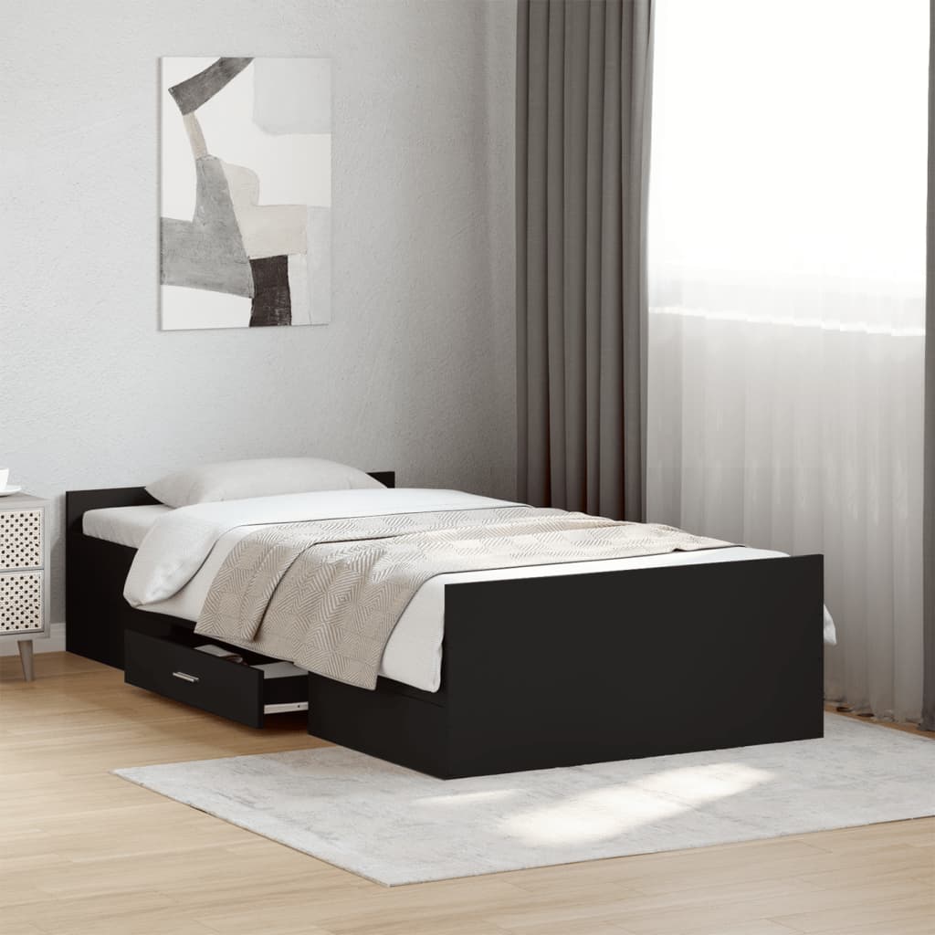 Bed Frame with Drawers Black 90x190 cm Single Engineered Wood - Beds & Bed Frames