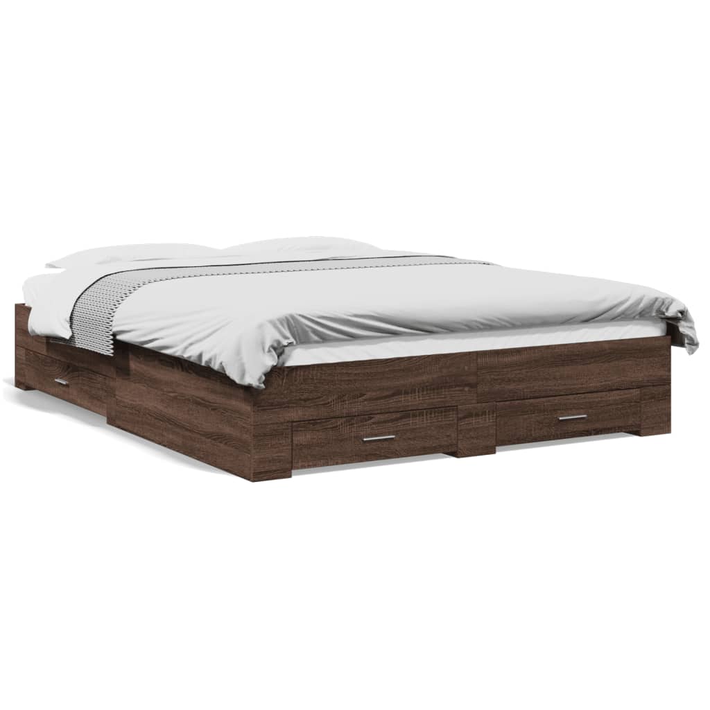 Bed Frame with Drawers Brown Oak 140x200 cm Engineered Wood - Beds & Bed Frames