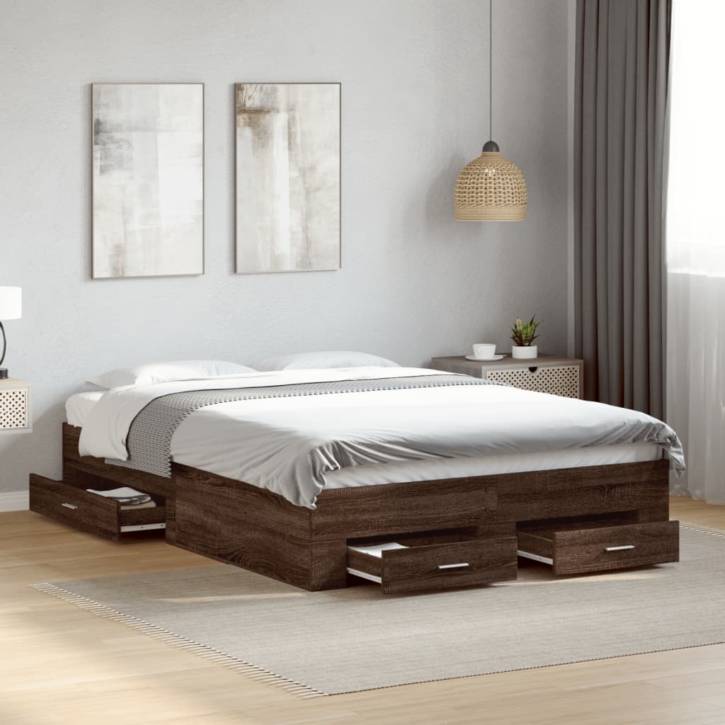 Bed Frame with Drawers Brown Oak 120x190 cm Small Double Engineered Wood - Beds & Bed Frames