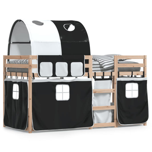 Bunk Bed with Curtains White&Black 90x190 cm Solid Wood Pine - Beds & Bed Frames