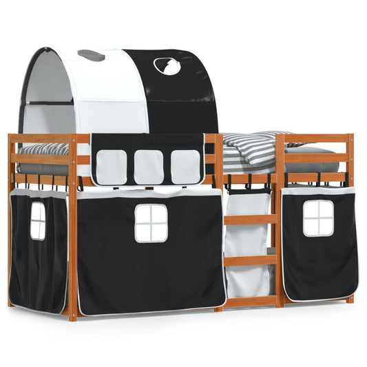 Bunk Bed with Curtains White&Black 90x200 cm Solid Wood Pine - Beds & Bed Frames