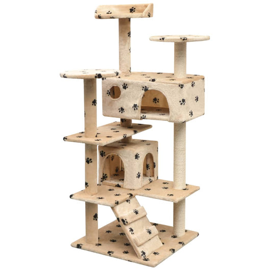 Cat Tree with Sisal Scratching Posts 125 cm Paw Prints Beige - Cat Furniture