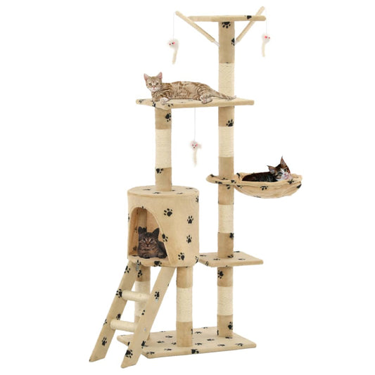 Cat Tree with Sisal Scratching Posts 138 cm Beige Paw Prints - Cat Furniture