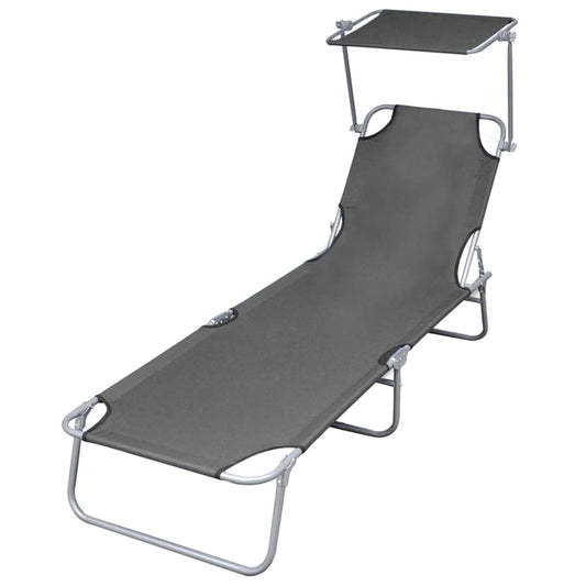 Folding Sun Lounger with Canopy Steel Grey - Sunloungers