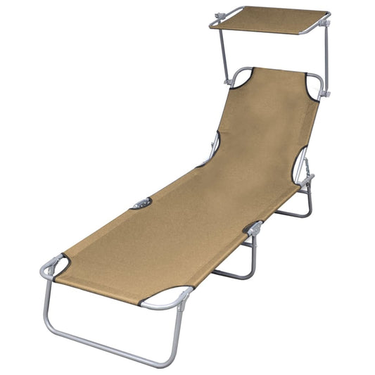 Folding Sun Lounger with Canopy Steel Taupe - Sunloungers