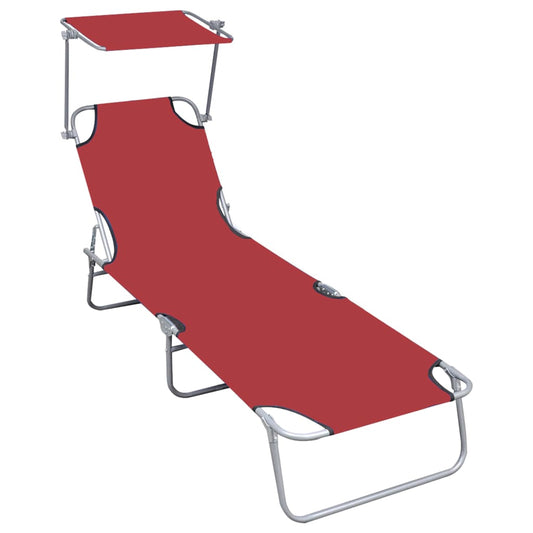 Folding Sun Lounger with Canopy Red Aluminium - Sunloungers