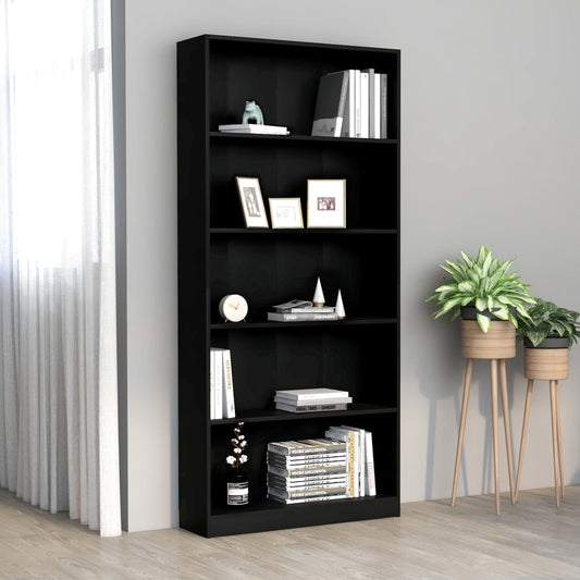 5-Tier Book Cabinet Black 80x24x175 cm Engineered Wood - Bookcases & Standing Shelves
