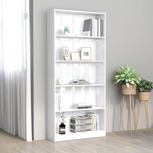 5-Tier Book Cabinet High Gloss White 80x24x175 cm Engineered Wood - Bookcases & Standing Shelves