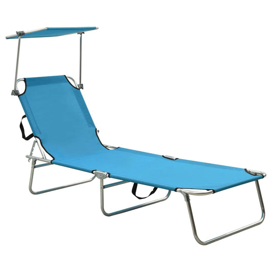 Folding Sun Lounger with Canopy Steel Turquoise and Blue - Sunloungers