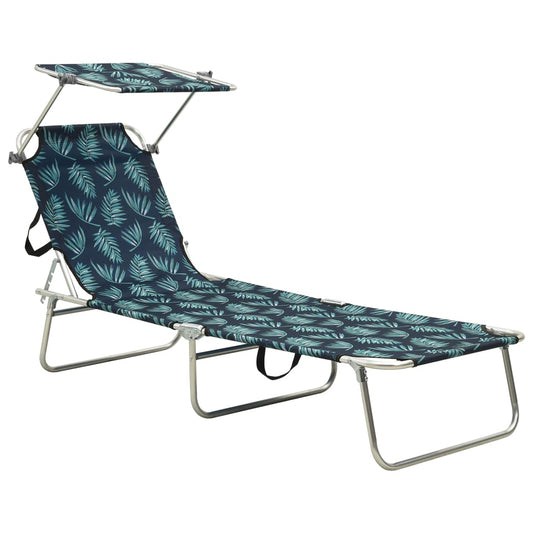 Folding Sun Lounger with Canopy Steel Leaves Print - Sunloungers