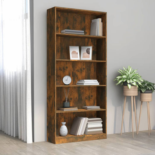 5-Tier Book Cabinet Smoked Oak 80x24x175 cm Engineered Wood - Bookcases & Standing Shelves