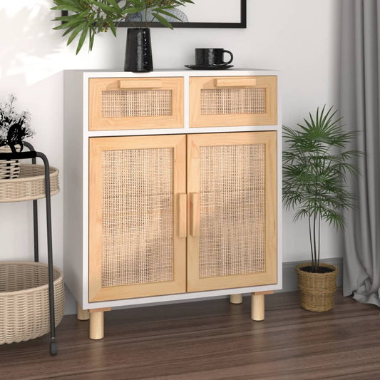 Sideboard White 60x30x75 cm Solid Wood Pine and Natural Rattan - Buffets & Sideboards