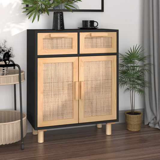 Sideboard Black 60x30x75 cm Solid Wood Pine and Natural Rattan - Buffets & Sideboards