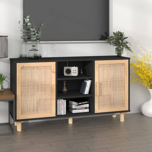 Sideboard Black 105x30x60 cm Solid Wood Pine and Natural Rattan - Buffets & Sideboards