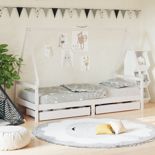 Kids Bed Frame with Drawers White 80x200 cm Solid Wood Pine - Cots & Toddler Beds
