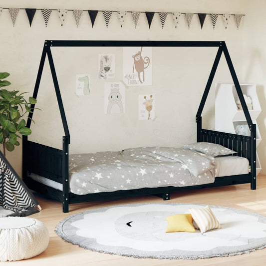 Kids Bed Frame Black 90x200 cm Solid Wood Pine - Cots & Toddler Beds