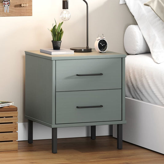 Bedside Cabinet with Metal Legs Grey Solid Wood Pine OSLO - Bedside Tables