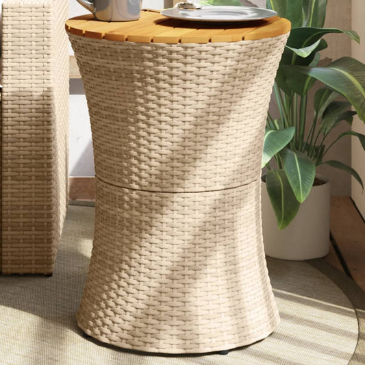 Garden Side Table Drum Shape Beige Poly Rattan and Solid Wood
