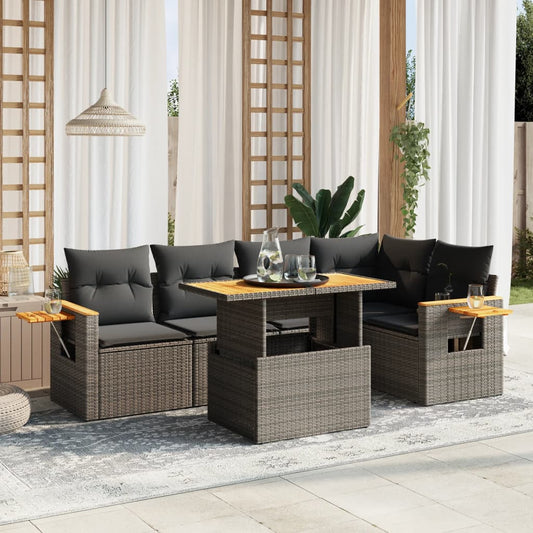 6 Piece Garden Sofa Set with Cushions Grey Poly Rattan - Outdoor Furniture Sets