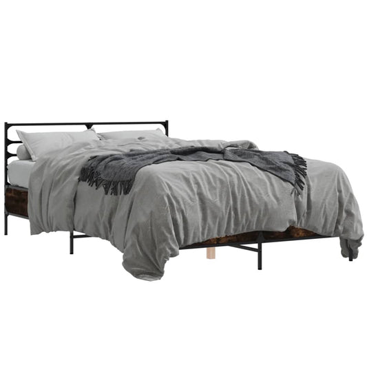 Bed Frame Smoked Oak 135x190 cm Double Engineered Wood and Metal - Beds & Bed Frames