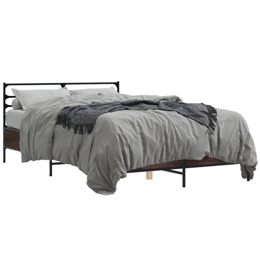 Bed Frame Brown Oak 135x190 cm Double Engineered Wood and Metal - Beds & Bed Frames