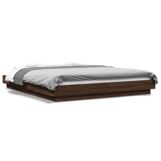 Bed Frame with LED Lights Brown Oak 160x200cm Engineered Wood - Beds & Bed Frames