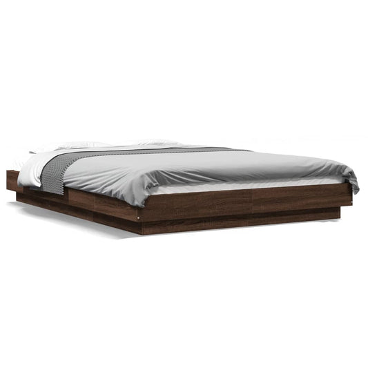 Bed Frame with LED Lights Brown Oak 135x190cm Engineered Wood - Beds & Bed Frames