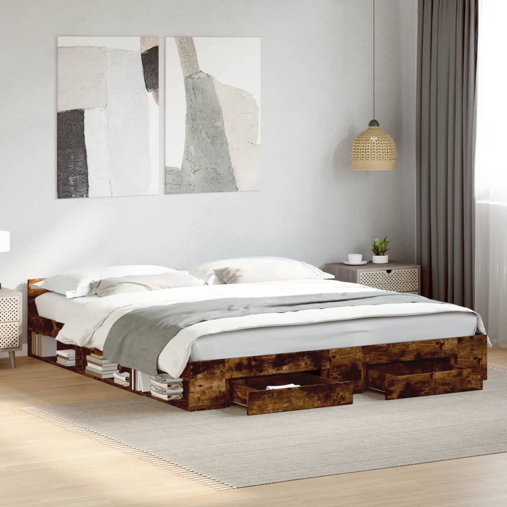 Bed Frame with Drawers Smoked Oak 180x200 cm Super King Engineered Wood - Beds & Bed Frames